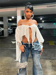 LIZAKOSHT - Summer White Sexy See Through Chiffon Tops Concert Party For Woman 2024 Long Sleeve Off Shoulder Irregular Chic Crop Top