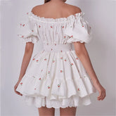 LIZAKOSHT - Princess Yellow Cherry Print Spliced Lace Corset Style Mini Dress Women Puff Sleeve Slim Waist Ruffle Hem Cake Party Robe