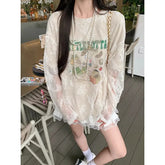LIZAKOSHT - Summer New Streetwear Cartoon Printed Loose Casual Mesh Long Sleeve T-Shirt Women + Pleated White Cake Skirt Two-piece Suit