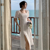 LIZAKOSHT - Women Summer White Backless Square Collar Dress Female Puff Sleeve Split Beach Dress Vestidos Simple Party Dress