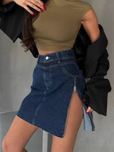 LIZAKOSHT - Women's Asymmetrical Zipper Denim Skirt High Waist A-Line Skirt Slim Fit Spring Summer Ladies Skirts