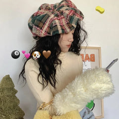 LIZAKOSHT INS Christmas Green Woolen Plaid Berets Caps for Women Winter Warm Octagonal Hat Street Shooting Wild Painter Hats