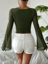 LIZAKOSHT - Solid Color V-neck Ruched T-Shirt Elegant Flare Sleeve Tie Front T-Shirt For Spring Fall Women's Clothing