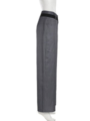 LIZAKOSHT - Elegant Fashion Striped Straight Pants Office Ladies Casual Loose Patchwork Wiede Leg Pants Women 2024 Summer Streetwear
