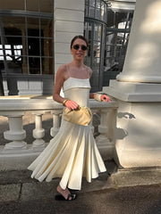 LIZAKOSHT - Elegant Sling Pleated Long Dress Women Patchwork Backless Sleeveless Zipper Solid Party Dresses 2025 Summer High Street Robes