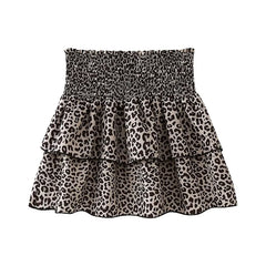 LIZAKOSHT - Vintage Elastic High Waist Leopard Print Mini Skirt Women Layered A-line Summer Short Skirts Y2K