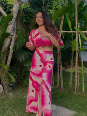 LIZAKOSHT - Chic Floral Printing Long Skirt Sets Women Elegant V-Neck Short Puff Sleeve Shirt High Waist Split Skirt Lady Sexy 2 Pieces Sets