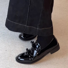 LIZAKOSHT - Preppy Double Bowtie Oxfords Woman Low Heels Flats Shiny Small Leather Shoes Ladies College Girls Sneakers Femmes Derby Loafers