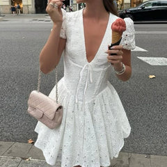 LIZAKOSHT - Summer Bubble Sleeve V-neck Mini Dresses Women Slim Waist Casual Party Dress Beach Vacation Clothes Coquette Grunge
