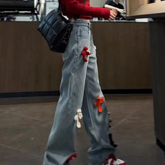 LIZAKOSHT - Y2k Cross Print Straight Jeans Retro High Waist Denim Pant Casual Oversized Baggy Trousers High Street Plush Pants For Women