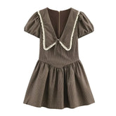 LIZAKOSHT - Plaid Waist Cinched Mini Dress Casual V-neck Short Sleeved Lace Up Slim Fit A-line Women Dresses Lady Daily Commute Vestido