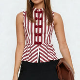 LIZAKOSHT - Striped Mandarin Collar Frog Button Ruffle Trim Top Striped Single‑breasted Summer Women Blouse Versatile Casual Lady Office Top