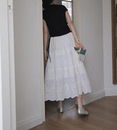 LIZAKOSHT - French Retro High-Waisted Drape Skirt Women Summer Small Midlength Slim Lace Embroidery A-Line Umbrella Skirt