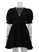 LIZAKOSHT - Summer Black V-Neck Mini Dress For Women Ruffled High Waist Slim Commute Elegant Party Dress Female Solid Bodycon Dress