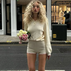 LIZAKOSHT  -  Women Knitted Shorts 2-Piece Set Autumn White Knitted Collared Top Slim Shorts Fashion Casual Knit Shorts Set Outfits