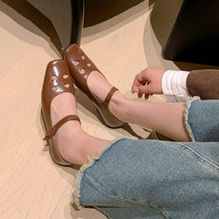 LIZAKOSHT - Fashion Women Shoes New High Quality True Leather Hollow Square Head Flat Bottom Mary Janes Shoes Daily Lightweight Shoes