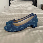 LIZAKOSHT - New Cute Moon Print Office lady Square Med Heels Shoes Women Lovely Ballet Style Shoes Denim blue Slip-on Pumps