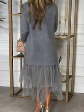 LIZAKOSHT - Deioao Round Neck Knit Patchwork Mesh Dress Female Casual Solid Long Sleeve Party Dress Women Autumn Winter Loose Chic Dresses