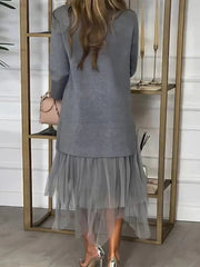 LIZAKOSHT - Deioao Round Neck Knit Patchwork Mesh Dress Female Casual Solid Long Sleeve Party Dress Women Autumn Winter Loose Chic Dresses