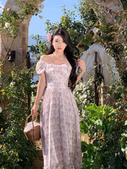 LIZAKOSHT - Summer Elegant Puff Sleeve France Style Dress High Waist Print Sweet Square Collar Holiday DressVintage One Piece Dress