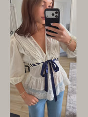 LIZAKOSHT - Women's Top V-Neck Lace Tie Front Puff Sleeve Blouse Ruffle Hem Boho Tops Contrast Ribbon Tie Casual Chic Shirt Spring Summer