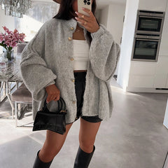 LIZAKOSHT - Autumn Winter Solid Loose Sweater Cardigans Women Single Breasted Commuter Knitwear Top Fashion Long Sleeve Warm Sweaters Jumper