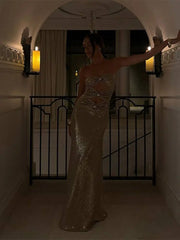 LIZAKOSHT - Strapless Hollow Out Sequined Long Dress Woman Sexy Ruffle Sleeveless Maxi Dress Lady High Street Evening Party Vestidos