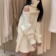 LIZAKOSHT  -  Autumn Winter Lazy Sweatshirt Dress for Women Turtleneck Off Shoulder Knitted Sweater 2025 New Mid-length Vestidos Mujer Tops