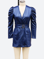 LIZAKOSHT  -  Fashion Containing Belt High Waist Office Lady Mini Dress Solid Color Dress Women V-neck Long Puff Sleeve Slim Fit Dress