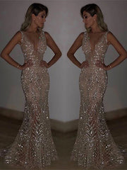 LIZAKOSHT  -  Deep V Gold Sequin Dress Sleeveless Hollow Out Halter Lace Party Gown Sexy Backless Waist Cinched Slim Fit Fishtail Long Dresses