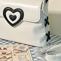 LIZAKOSHT - Korean Y2k Aesthetic Love Heart High Street PU Leather Shoulder Bag Harajuku Vintage Ladies Handbag Fashion Vintage Designer Bag