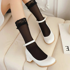 Lizakosht Lolita Sweet Girls Mary Jane Shoes Women 2024 Round Toe Ankle Strap Block Heels Party Wedding Shoes Pink White Pumps Big Size 43