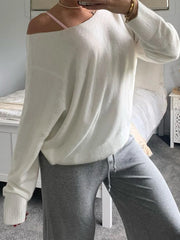 LIZAKOSHT - Casual Solid Off-Shoulder Sweater Basic Loose Crew Neck Long Sleeve Knitted Pullovers Women Autumn Winter Fashion