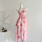 LIZAKOSHT - Summer Women Birthday Prom Halter Dress Maxi Coquette French Vintage Vacation Frock Evening Old Money One-Piece Party Aesthetic