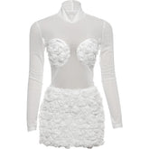LIZAKOSHT - Flower Folds Decorated 2 Piece Set Women o-Neck Mesh Patchwork Full Sleeve Skinny Bodysuits+Mini Skirts Matching Suits