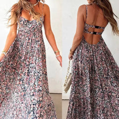 LIZAKOSHT - Women Elegant Floral Print Sling Dress Sexy Off Shoulder Backless Long Pleated Party Dress Fashion Hight Waist Swing Bohe Dress