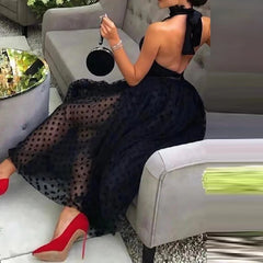 LIZAKOSHT - Elegant Female Night Party Hater Long Dress Fashion Polka Dot Slim Transparent Dress Women Sexy Halter Sleeveless A-line Dress