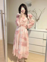 LIZAKOSHT  -  French Vintage Long Sleeve Floral Midi Dress Summer Elegant Party Pink Dress Woman Casual Fashion Chic Beach Chiffon Dress