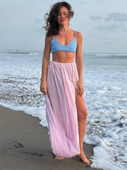 LIZAKOSHT - Casual Beach Holiday Long Skirt Women's Mesh Pleated High Waist Solid Elegant Patchwork Summer Maxi Skirt Female Clothes