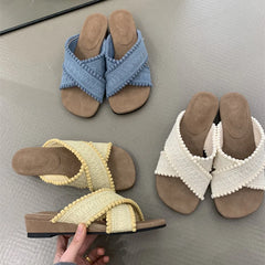 LIZAKOSHT - Summer Women Fashion Weave Cross Slippers Casual Comfort Wedges Heel Beach Vacation Slides Shoes