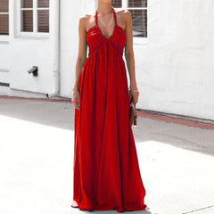 LIZAKOSHT - Summer sexy backless sleeveless v-neck halter empire waist A-line long maxi dress red green blue black beach clothes