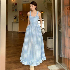 LIZAKOSHT - Suspender Long Skirt Fungus Edge Plaid New Sea Salt Ice Cream Women'S Fresh Summer Sweet Retro Long Dress