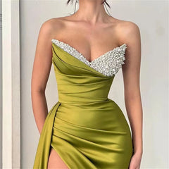 LIZAKOSHT - Shiny V-Neck Pleats Sexy Mermaid Luxury Evening DressesHigh Side Slit Prom Dress Off Shoulder Satin Bride Party Gowns