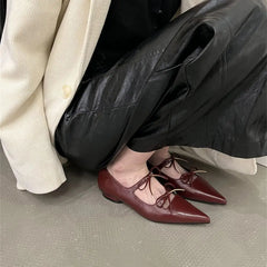 LIZAKOSHT - Pointed Toe Women Flats Loafers Black White Silver Wine red Fashion Dress Shoes Woman Flat Heeled Bow Design Slip On Party Shoes