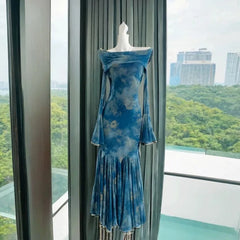 LIZAKOSHT - Princess IronFan Elegant Fishtail Off Shoulder Dress Gentle Slash Neck Print Long Flare Sleeved Bodycon Dresses Evening Party