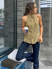 LIZAKOSHT - Women's Army Green Lapel Halter Sleeveless Button Front Shirt Elegant Waist Cinched Slim Casual Daily Blouse Streetwear Top