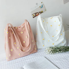 LIZAKOSHT - Cute Shoulder Tote Bag Canvas Bags for Women Girls SEmbroidery Daisy Crochet
