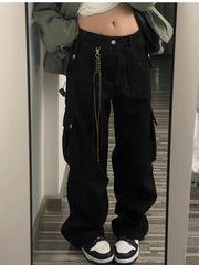 LIZAKOSHT  -  Autumn New American Style Retro Hiphop Pocket Cargo Pants for Women Autumn New Straight Loose Casual Pants for Women