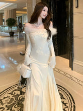 LIZAKOSHT - Elegant Solid Mermaid Maxi Dress for Women Autumn Off Shoulder Flare Sleeve Bodycon Vestidos Vintage Chic Evening Party Robe