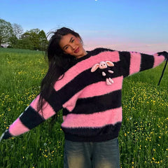 Lizakosht Autumn Winter Sweet Pink Sweater Woman Striped O-Neck Cute Pullover Casual Knitted Tops Streetwear Loose Tops Female Sweater